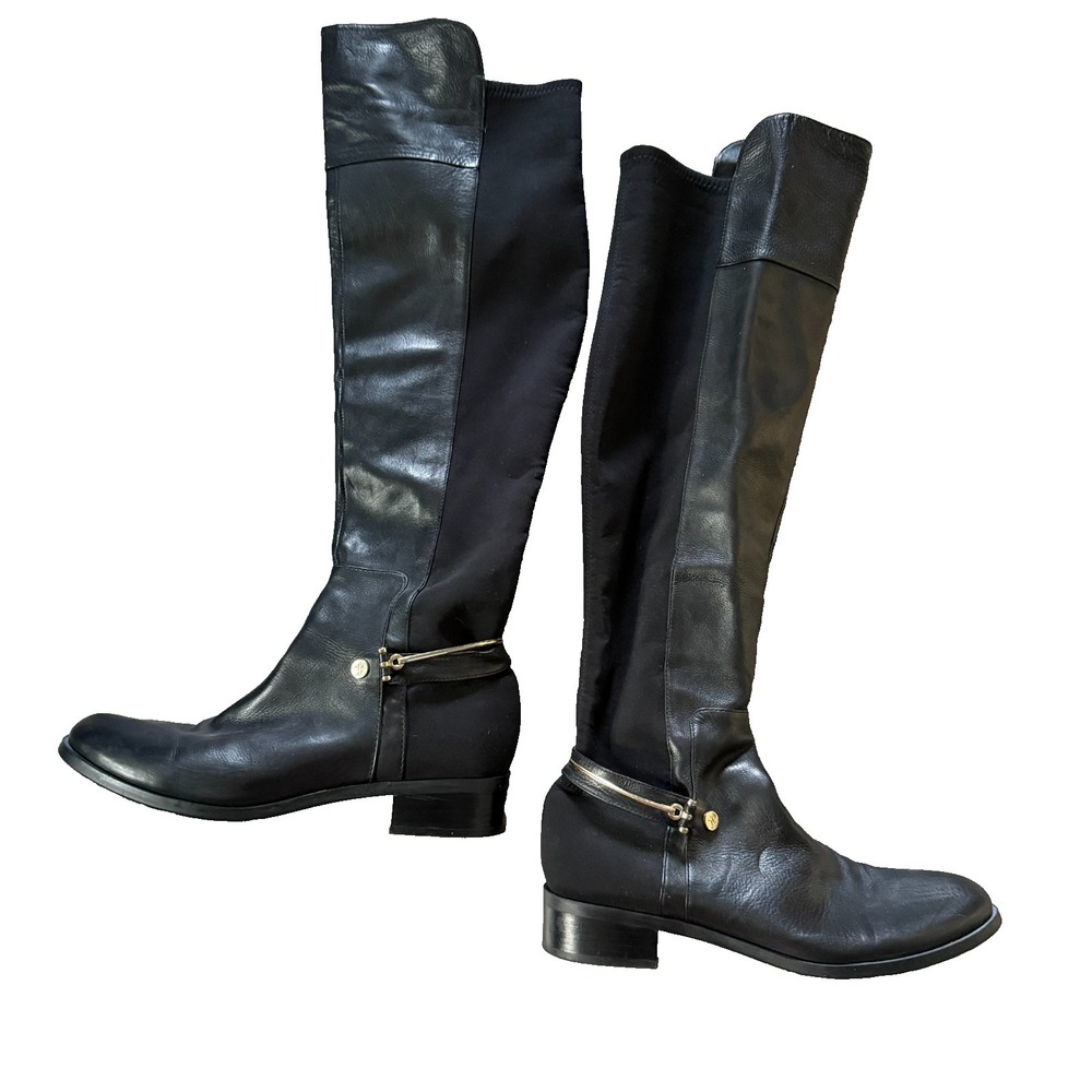 Ivanka Trump Knee High Riding Style Boots Black Size 10W Gold Details Zippers
